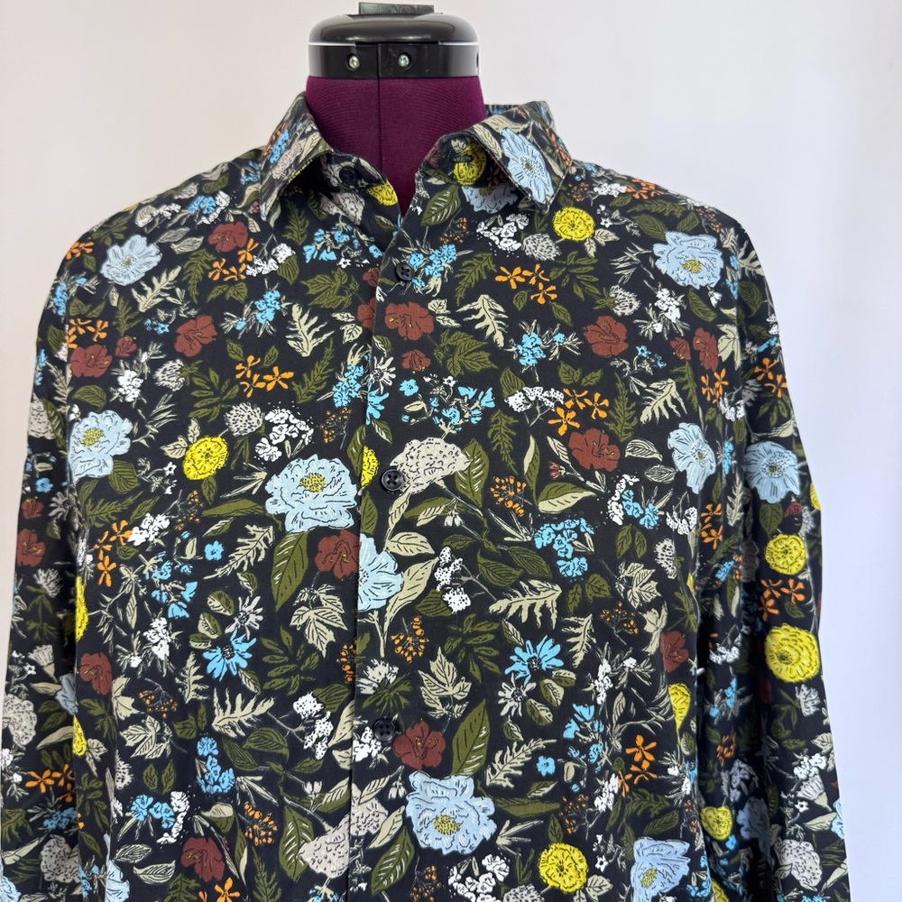 H&M Floral Print Button-Down Shirt Mens XL Slim Fit Black Botanical Long Sleeve - Picture 2 of 6